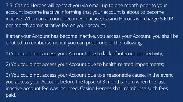 Casino Heroes account maintenance fee